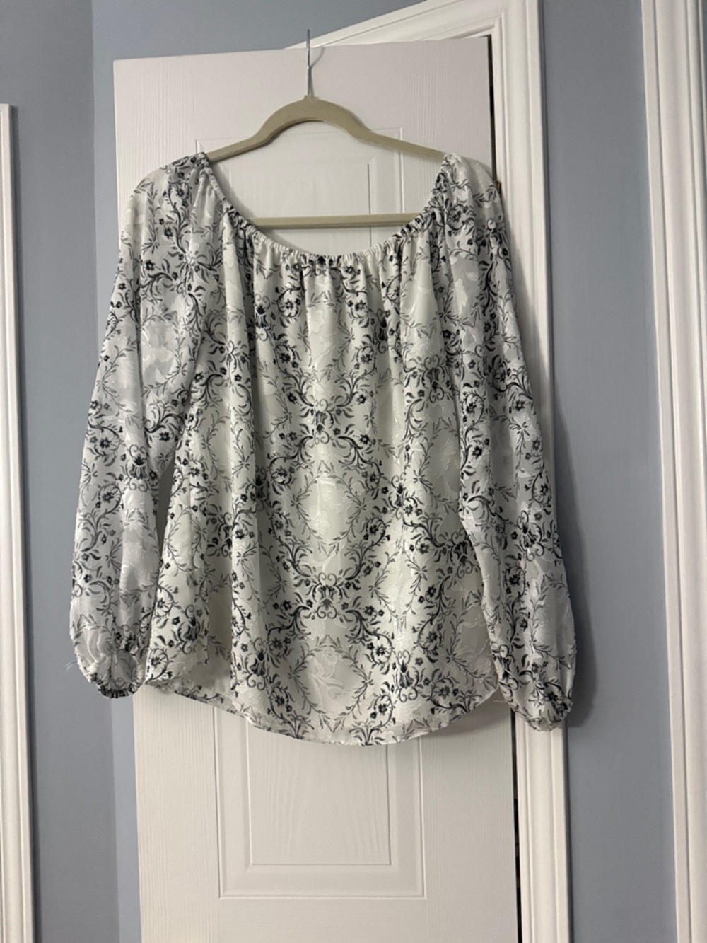 White House Black Market White Blouse with Black Floral Damask Print